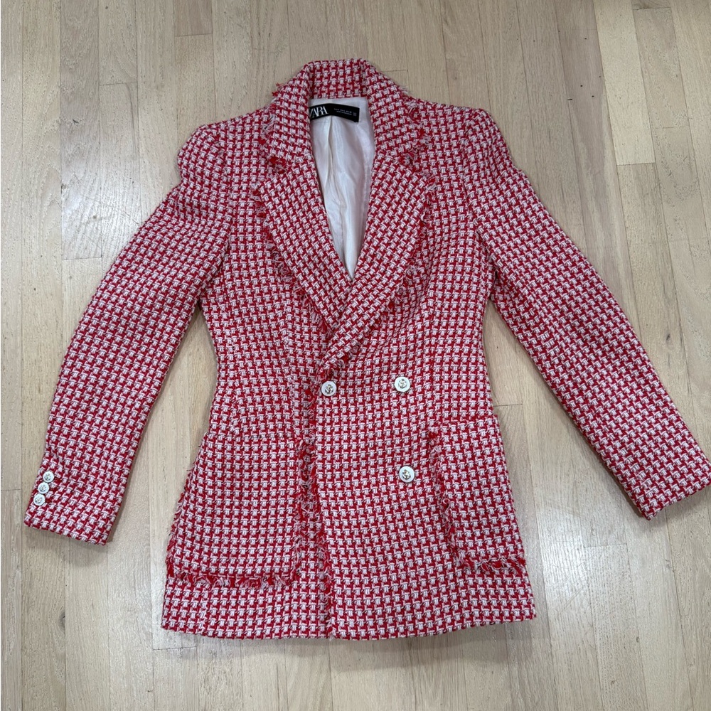 NWT ZARA TWEED TAILORED DOUBLE BREASTED BLAZER JACKET RED WHITE SZ S 4 6